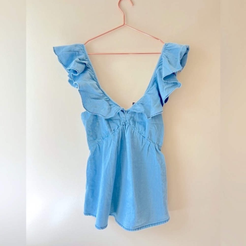 FRENCH CONNECTION 100% COTTON Light Blue Tank Top Ruffled Sleeves Size 2 NWT - Picture 3 of 4
